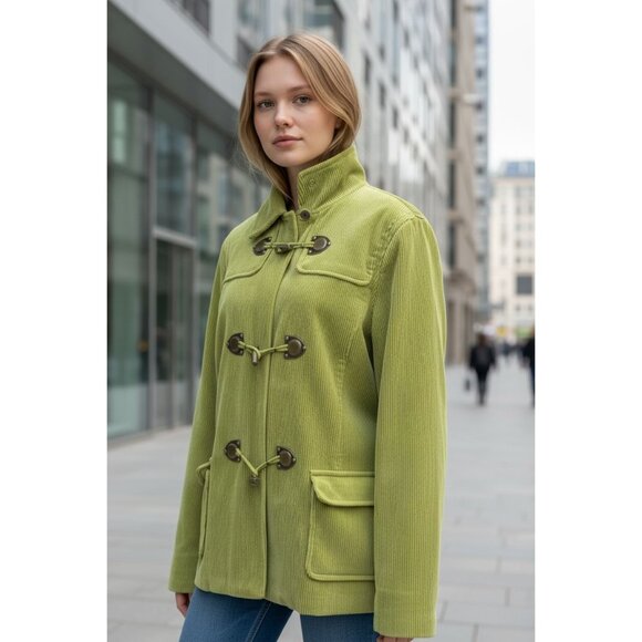 Liz Claiborne Womens XL Green Corduroy Toggle Coat Jacket Retro Duffle Style - Picture 1 of 14
